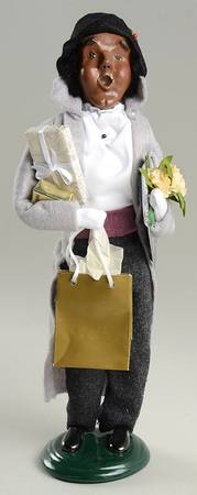 African American Carolers Victorian Shopper-Man Grey Coat - No Box