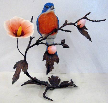 Porcelain and Bronze-Birds Bluebird With Pasture Rose  - No Box
