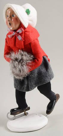Winter Outdoor Activities Skater Woman-Red Coat Brown Muff - No Box