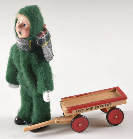 Winter Outdoor Activities Toddler With Wooden Wagon-Green Snowsuit - No Box