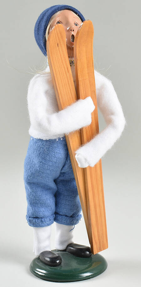 Winter Outdoor Activities Girl With Skis-White Sweater-Blue Hat - No Box
