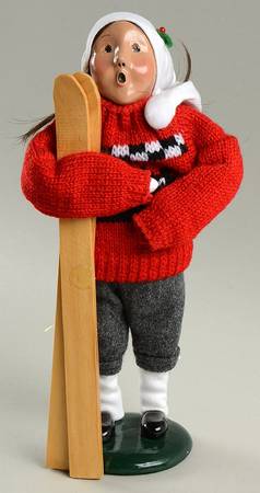 Winter Outdoor Activities Girl With Skis-Red Sweater-White Hat Hat - No Box