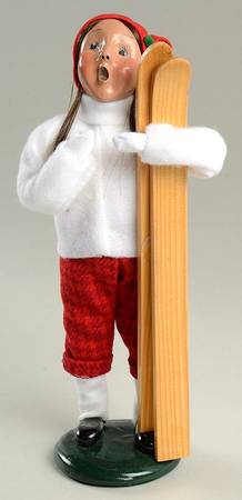 Winter Outdoor Activities Girl With Skis-White Sweater-Red Hat - No Box