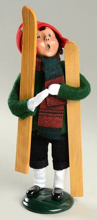 Winter Outdoor Activities Boy With Skis-Green Sweater-Red Hat - No Box