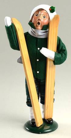 Winter Outdoor Activities Boy With Skis-Green Plaid Pants-Eyeglass - No Box