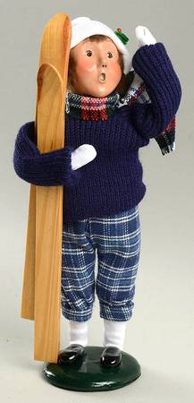 Winter Outdoor Activities Boy With Skis-Blue Plaid Pants-Blue Swea - No Box