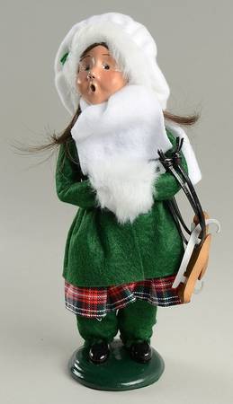 Winter Outdoor Activities Girl With Skates-Green Coat- White Hat - No Box