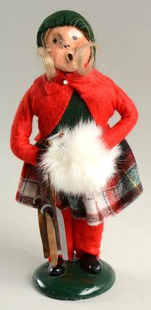 Winter Outdoor Activities Girl With Skates-Red Coat-Green Hat - No Box