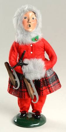 Winter Outdoor Activities Girl With Skates-Red Coat-Grey Hat - No Box