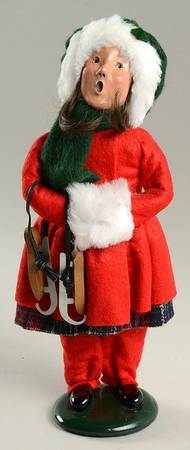 Winter Outdoor Activities Girl With Skates-Red Coat-Green Hat - No Box