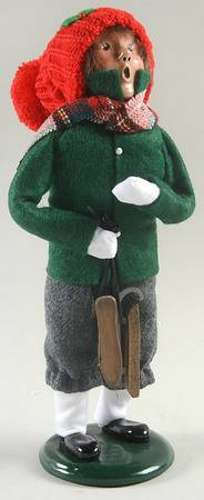 Winter Outdoor Activities Boy With Skates-Green Coat-Red Cap - No Box