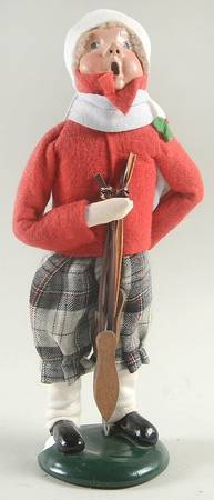 Winter Outdoor Activities Boy With Skates-Plaid Pants-Red Coat - No Box