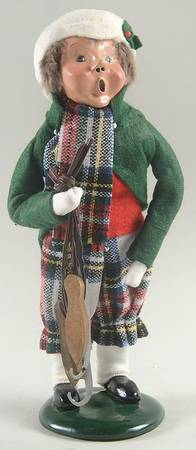 Winter Outdoor Activities Boy With Skates-Plaid Pants-Green Coat - No Box
