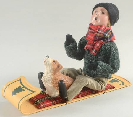 Winter Outdoor Activities Boy Sitting On Toboggan With Dog - No Box