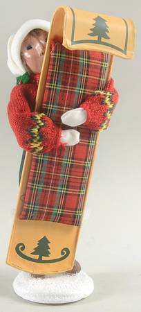 Winter Outdoor Activities Boy Holding Toboggan-Plaid - No Box