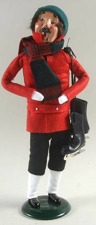 Winter Outdoor Activities Man With Skates-Red Coat-Green Hat - No Box