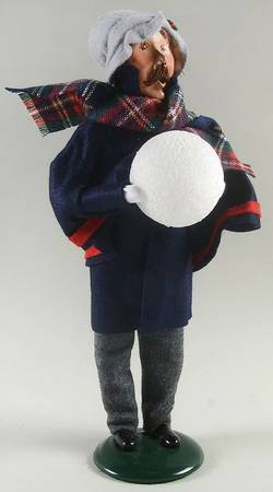 Winter Outdoor Activities Man Building Snowman-Blue Coat - No Box
