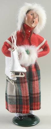 Winter Outdoor Activities Woman With Skates-White Muff-Green Hat - No Box