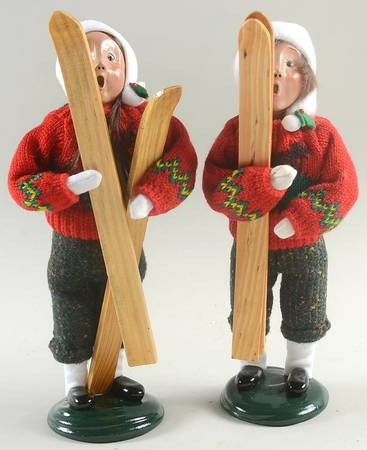 Winter Outdoor Activities Boy & Girl Pair With Skis-Red Sweater - No Box