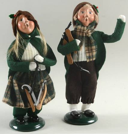 Winter Outdoor Activities Boy & Girl With Skates-Brown Hats - No Box