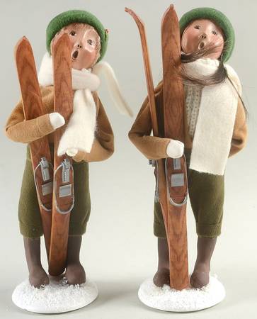 Winter Outdoor Activities Boy & Girl Pair With Skis-Green Hats - No Box