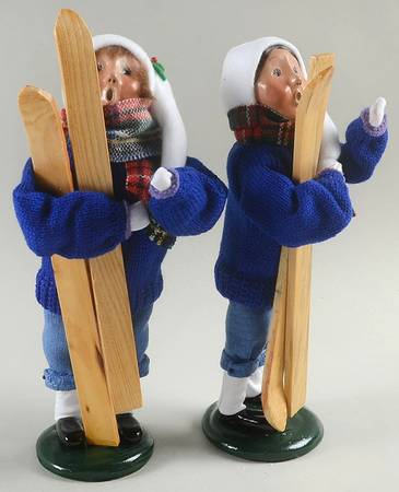 Winter Outdoor Activities Boy & Girl Pair With Skis-Blue Coats - No Box