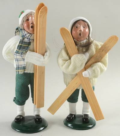 Winter Outdoor Activities Boy & Girl With Skis-White Sweater - No Box
