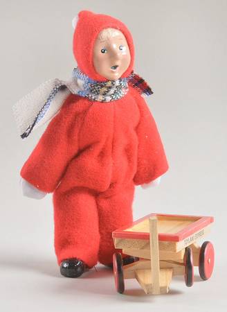 Winter Outdoor Activities Toddler With Wooden Wagon-Red Snowsuit - No Box