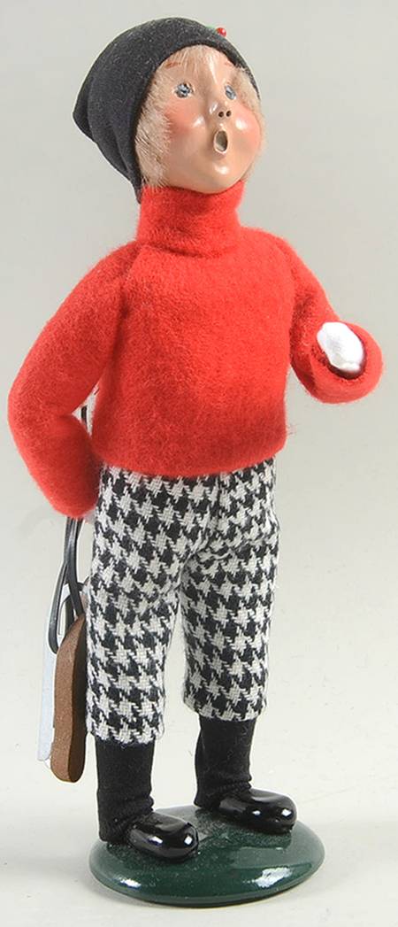 Winter Outdoor Activities Boy With Skates-Red Shirt-Houndstooth Pa - No Box