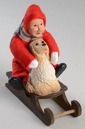 Winter Outdoor Activities Toddler On Sled With Dog-Red - No Box