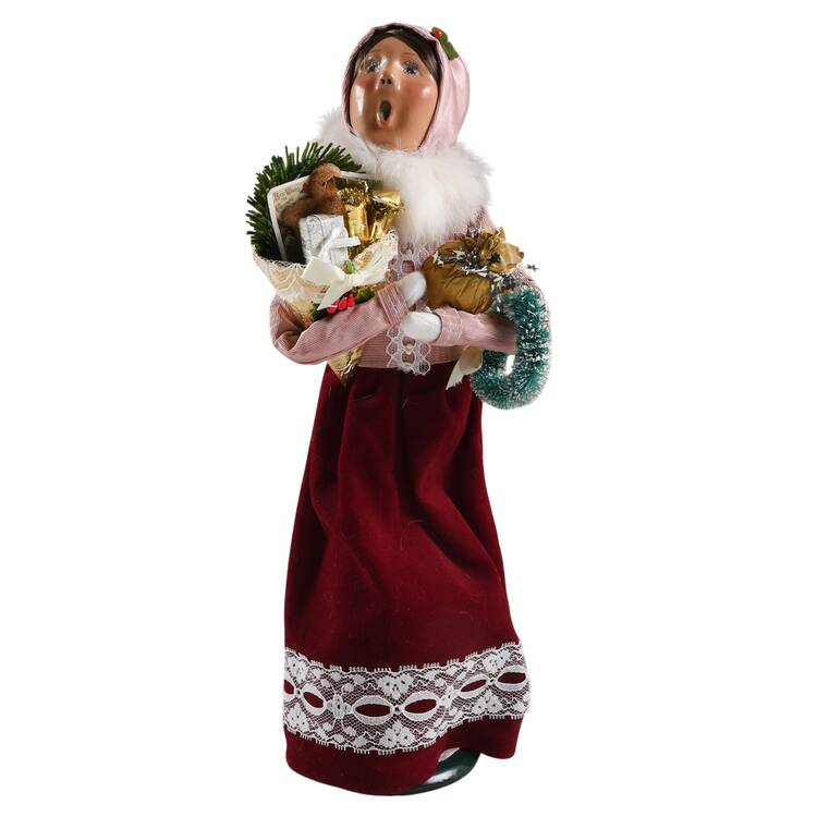 Victorian Assorted Carolers Shopper Woman W/Wreath & Cone, Pink Coat - No Box