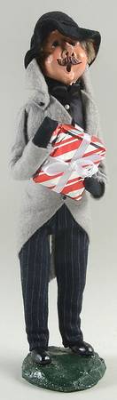 Victorian Assorted Carolers Mustache Man With Gift-Grey - No Box