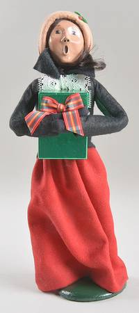 Victorian Assorted Carolers Woman With Gift-Black Coat Red Skirt - No Box
