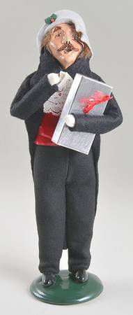 Victorian Assorted Carolers Mustache Man With Gift-Black - No Box