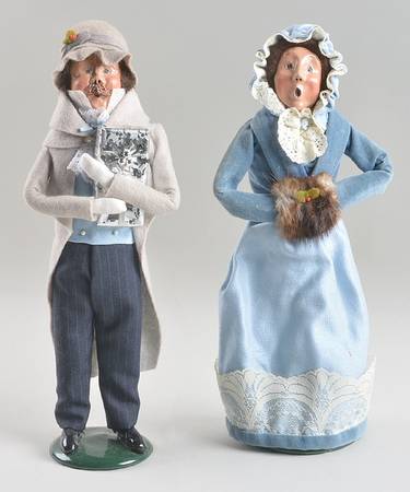 Victorian Assorted Carolers Man & Woman With Gift-Blue - No Box