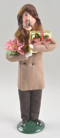 Victorian Assorted Carolers Mustache Man With Gift & Poinsettia-Tan - No Box