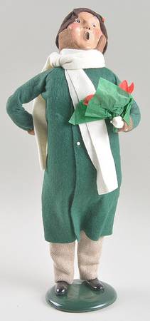 Victorian Assorted Carolers Man With A Poinsettia-Long Green Coat - No Box