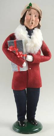 Victorian Assorted Carolers Man With Gift-Burgudy Fur Trimmed Coat - No Box