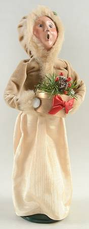 Victorian Assorted Carolers Woman With Gift - Tan Fur Lined Hood - No Box