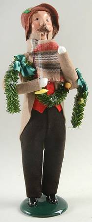 Victorian Assorted Carolers Mustache Man With Garland-Brown Coat - No Box
