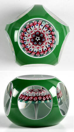 Millefiori Cane Paperweight Mushroom Green Overlay - Boxed