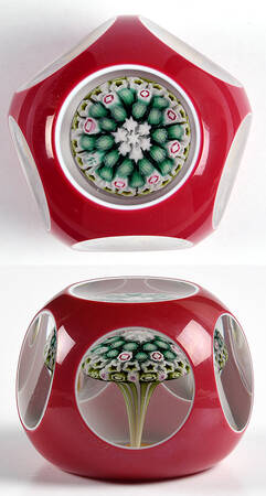 Millefiori Cane Paperweight Mushroom Red Overlay - Boxed