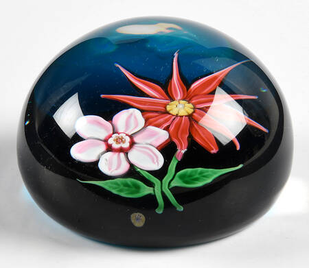 Limited Edition Dated Paperweight Cobalt Blue Two Flowers - Boxed