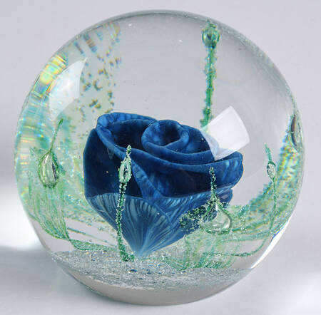 Caithness Paperweight Indigo-Blue Rose, Green Leaves - Nb780, No Box