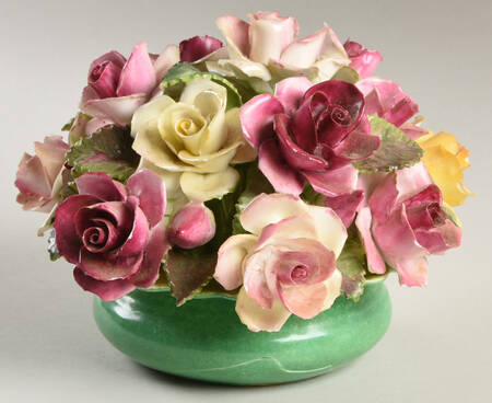 Crown Staffordshire Florals Green Bowl Of Roses - Boxed