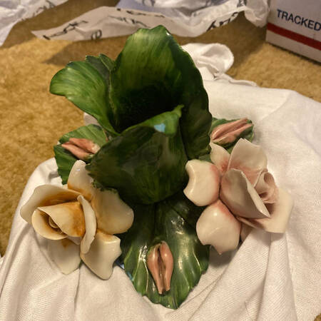 Capodimonte Giftware Pink & Yellow Roses Leaf Candleholder - No Box