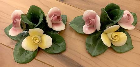 Capodimonte Giftware Pink & Yellow Rosebud Candleholders - No Box