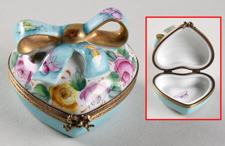 Chamart Exclusives Limoges Box Blue Heart With Bow Floral Design - No Box