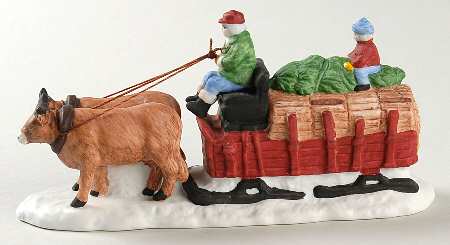 Dickens Village Ox Sled-Blue Pants-Snow  Attached To Ox - Boxed