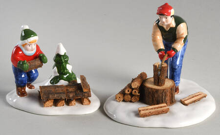 Snow Village Chopping Firewood-Set Of 2 - Boxed